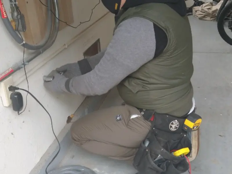 Electrician performing outlet wiring in a Ephraim garage